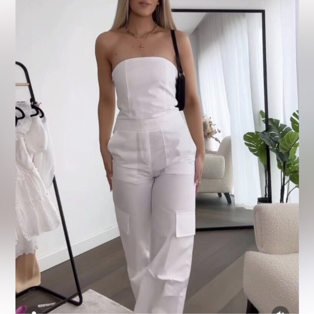 Zara White Long Cargo Jumpsuit NWOT